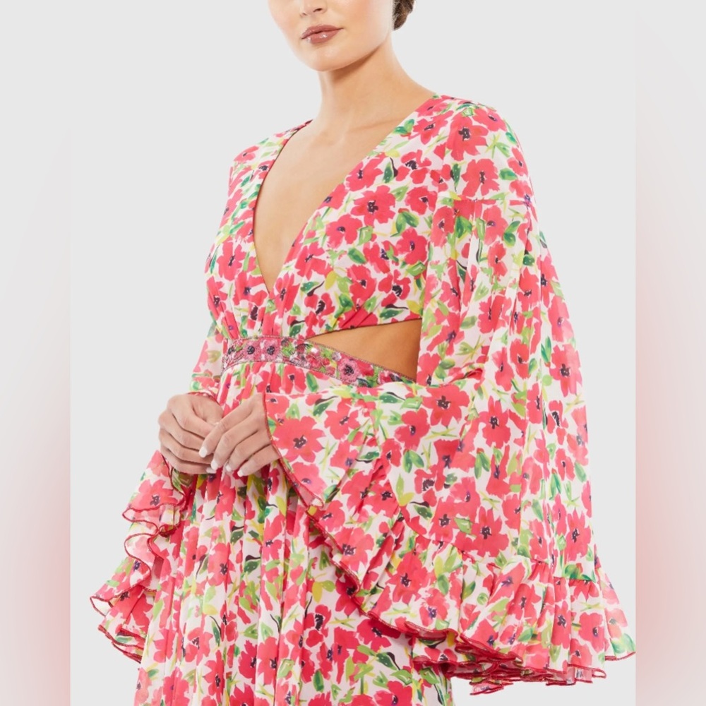 Multicolor Floral Cut Out V Neck Bell Sleeve Mini Dress Style # 9158 size 2